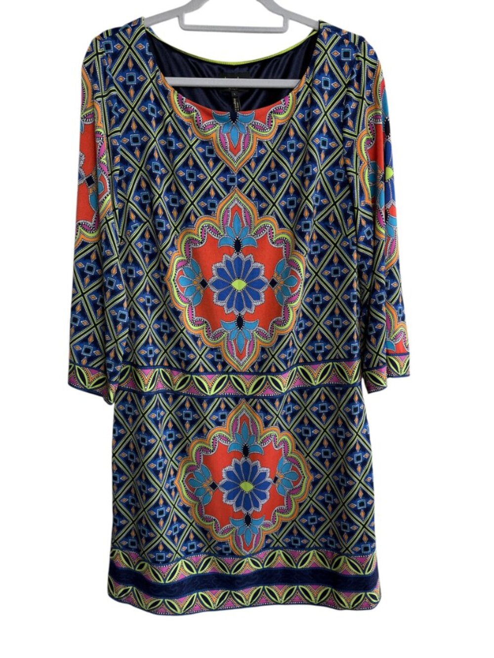 Laundry by Shelli Segal Multicolor Medallion Tile Print 3/4 Sleeve Shift Dress L